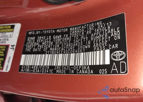 2013 Toyota Corolla S Special Edition z USA, uszkodzony, nr VIN 2T1BU4EE4DC064661